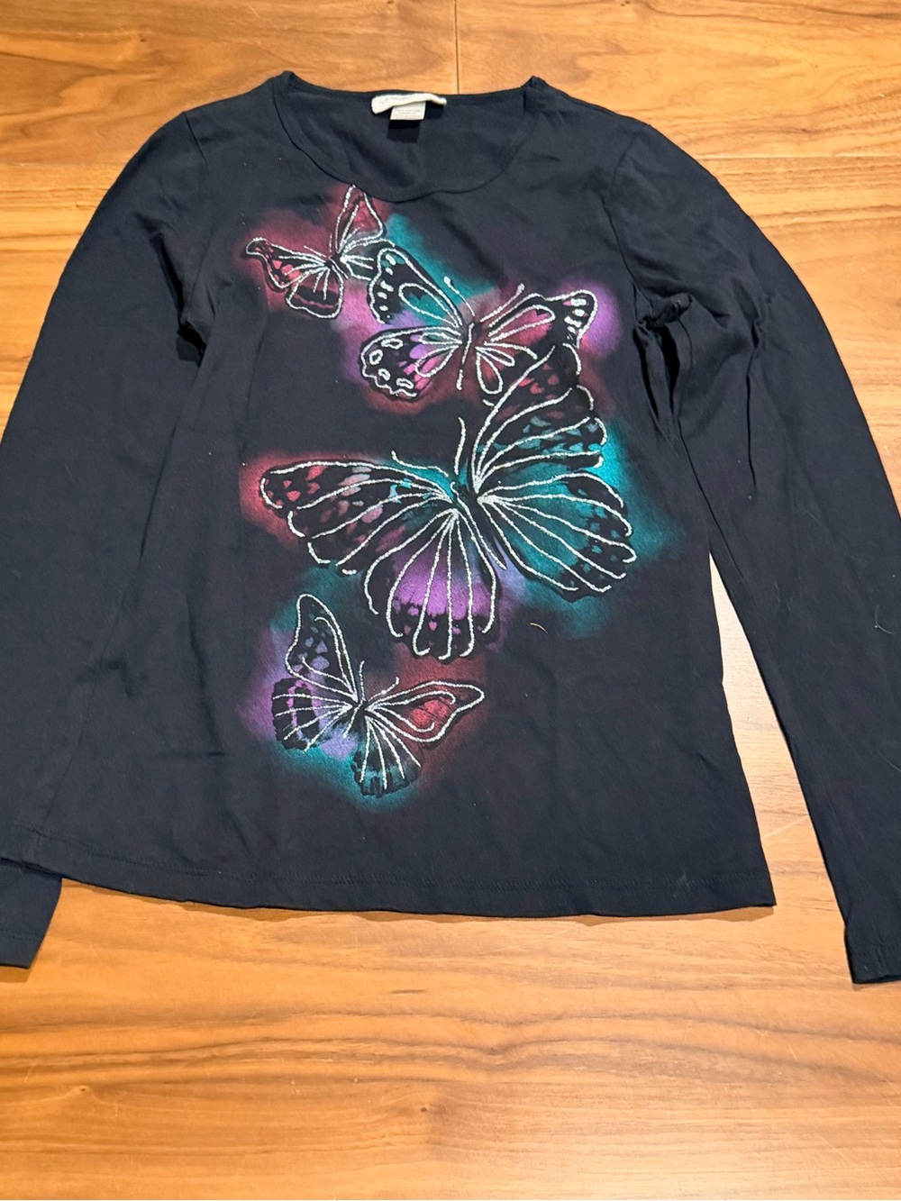 Belle du jour black LS tee with neon butterfly design girls XL 100% cotton